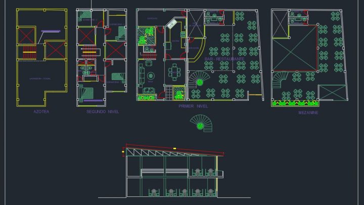 Bar Restaurant Plans and Elevation CAD Template DWG