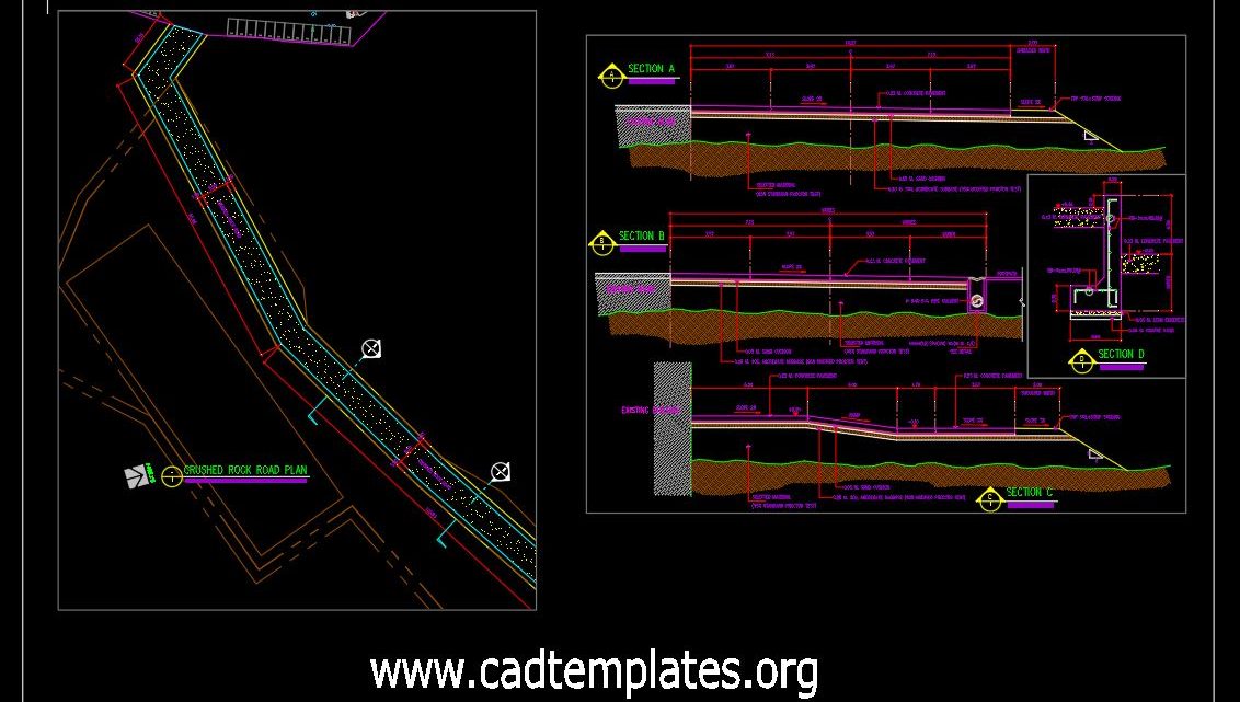 Crushed Rock Road Plan and Cross Section Detail CAD Template DWG