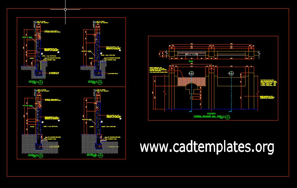 Precast Boundary Wall Elevation and Sections Details CAD Template DWG