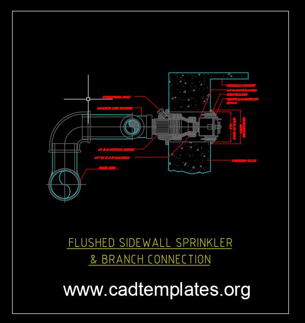 Flushed Sidewall Sprinkler and Branch Connection Detail CAD Template DWG