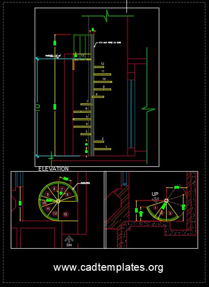 Helicoidal Steel Stair Elevation and Plan Details CAD Template DWG