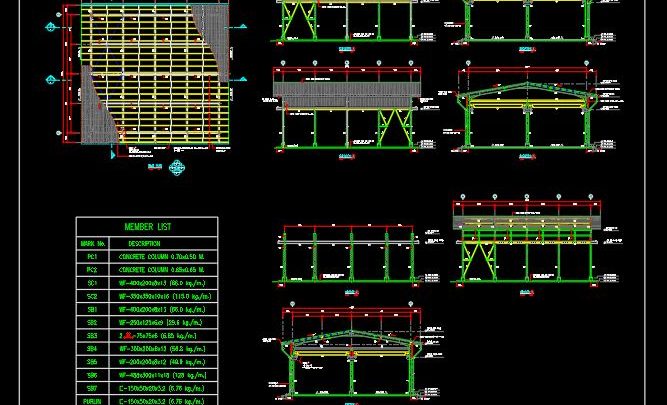 Shelter Steel Structure Plan and Elevations Details CAD Template DWG