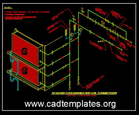 Stacked Cooling and Heating Coil Connections Details CAD Template DWG