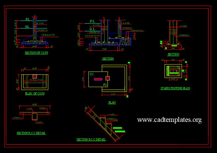 Stairs Footing Plan and Sections Details CAD Template DWG