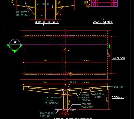 Steel Car Parking Shade Structure Details CAD Template DWG