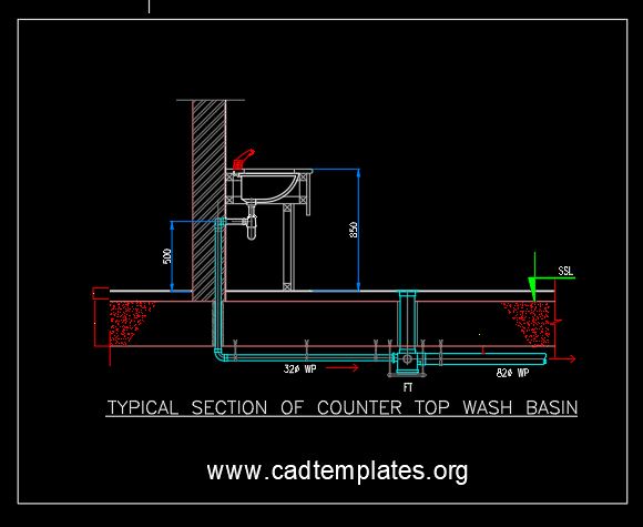 Typical Section of Counter Top Wash Basin CAD Template DWG