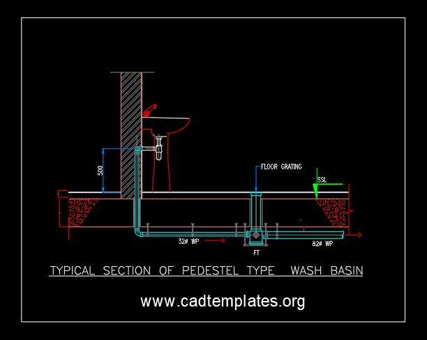 Typical Section of Pedestel Type Wash Basin CAD Template DWG