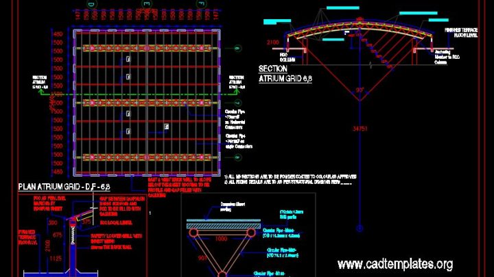 Double Staircase Atrium Elevation and Sections Details CAD Template DWG