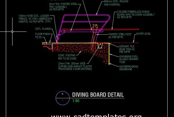 Swimming Pool Diving Board Detail CAD Template DWG