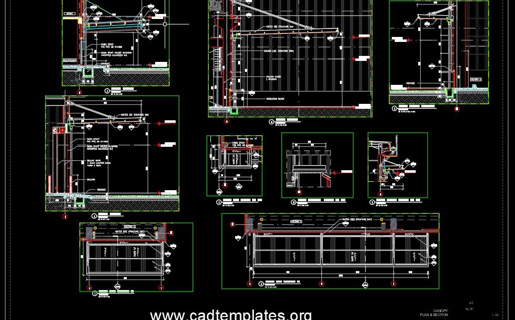 Factory Canopy Elevation and Sections Details CAD Template DWG