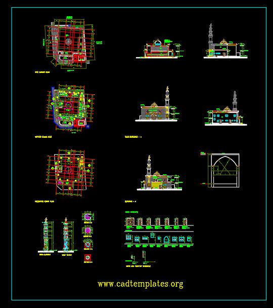 Mosque Minaret Elevation and Sections Details CAD Template DWG