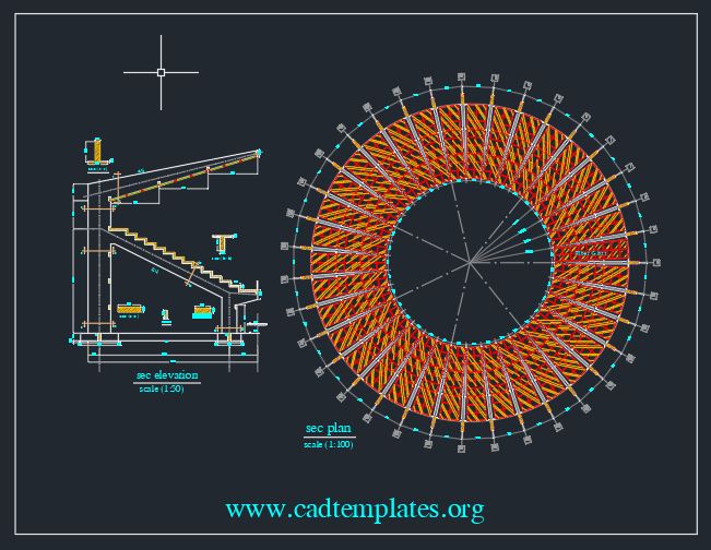 Circular Stadium Layout and Section CAD Template DWG