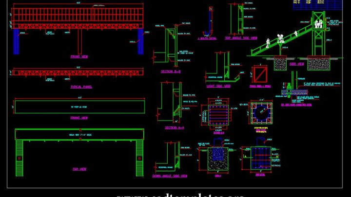 Pedestrian Bridge Elevation And Foundation Details CAD Template DWG