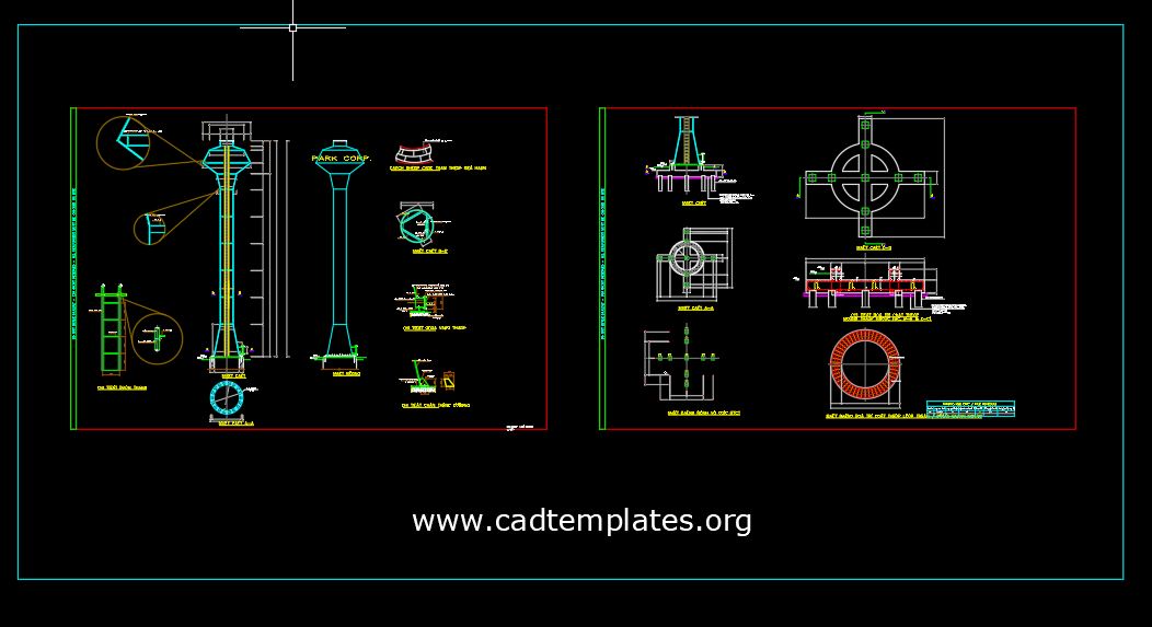 Water Tower Elevation And Foundation Structure Details CAD Template DWG